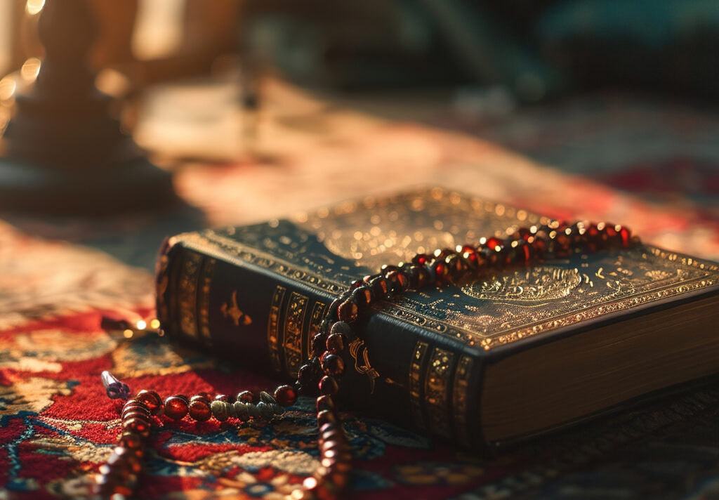A young boy reading a book in a sunlit mosque with stained glass
